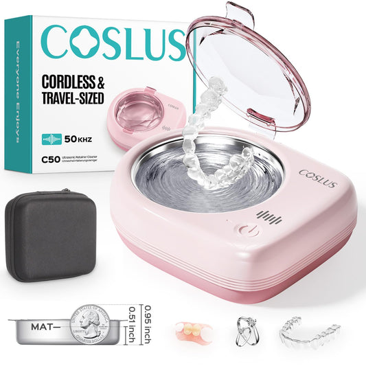 COSLUS C50 frente y embalaje compacto mostrando portabilidad y conveniencia