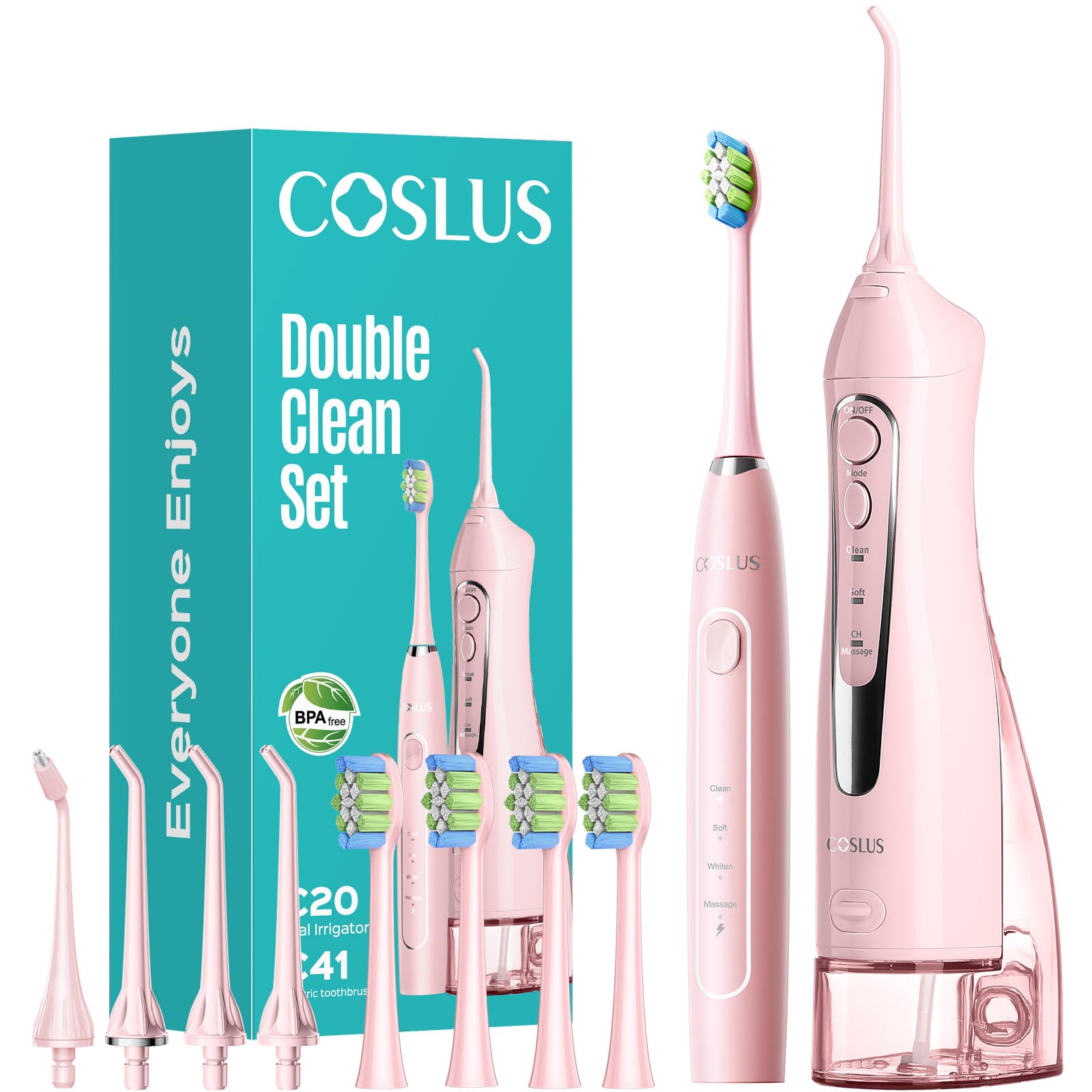 COSLUS kit 2-en-1 frontal mostrando irrigador y cepillo para limpieza completa