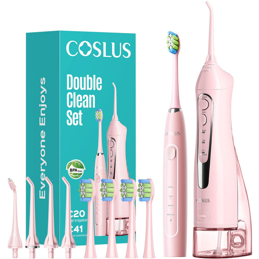 COSLUS kit 2-en-1 frontal mostrando irrigador y cepillo para limpieza completa