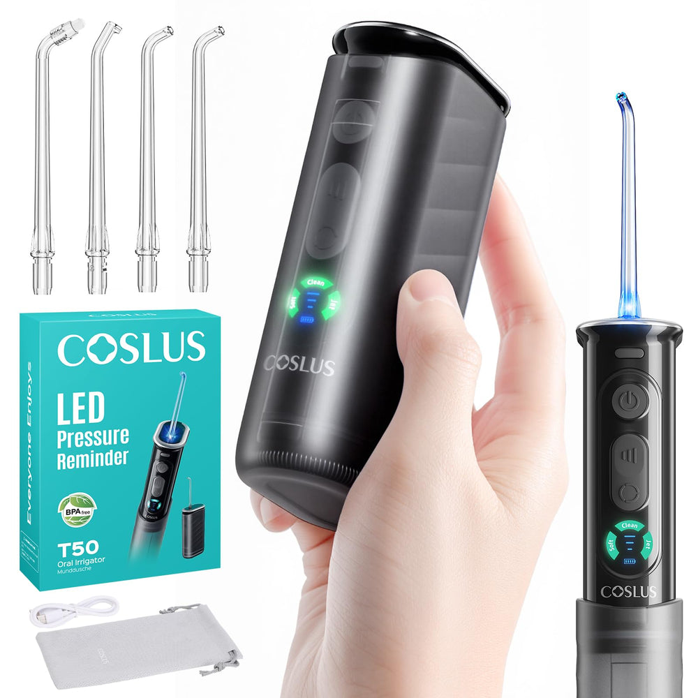 COSLUS T50 frontal embalaje mostrando diseño portátil y beneficio de viaje