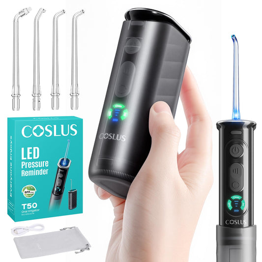 COSLUS T50 frontal embalaje mostrando diseño portátil y beneficio de viaje