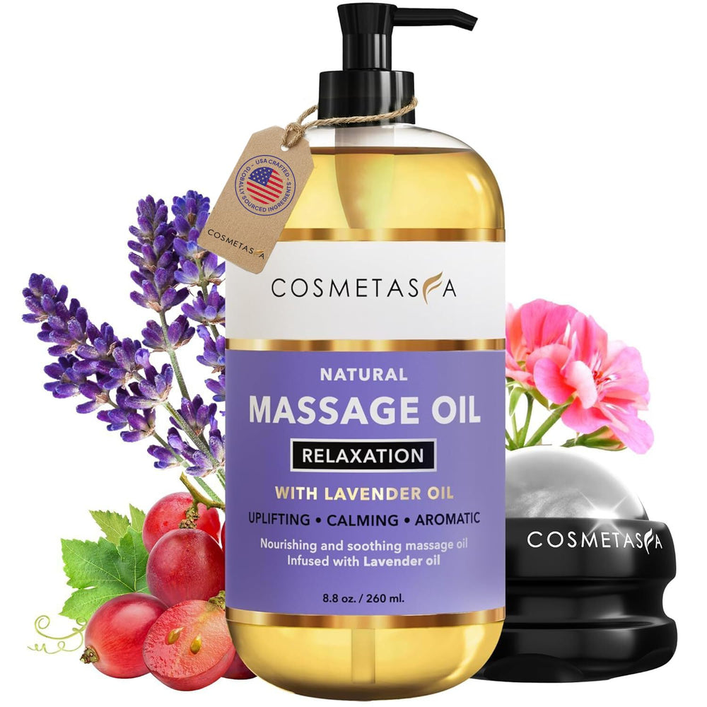 Cosmetasa aceite de masaje frontal mostrando envase y beneficio relajante