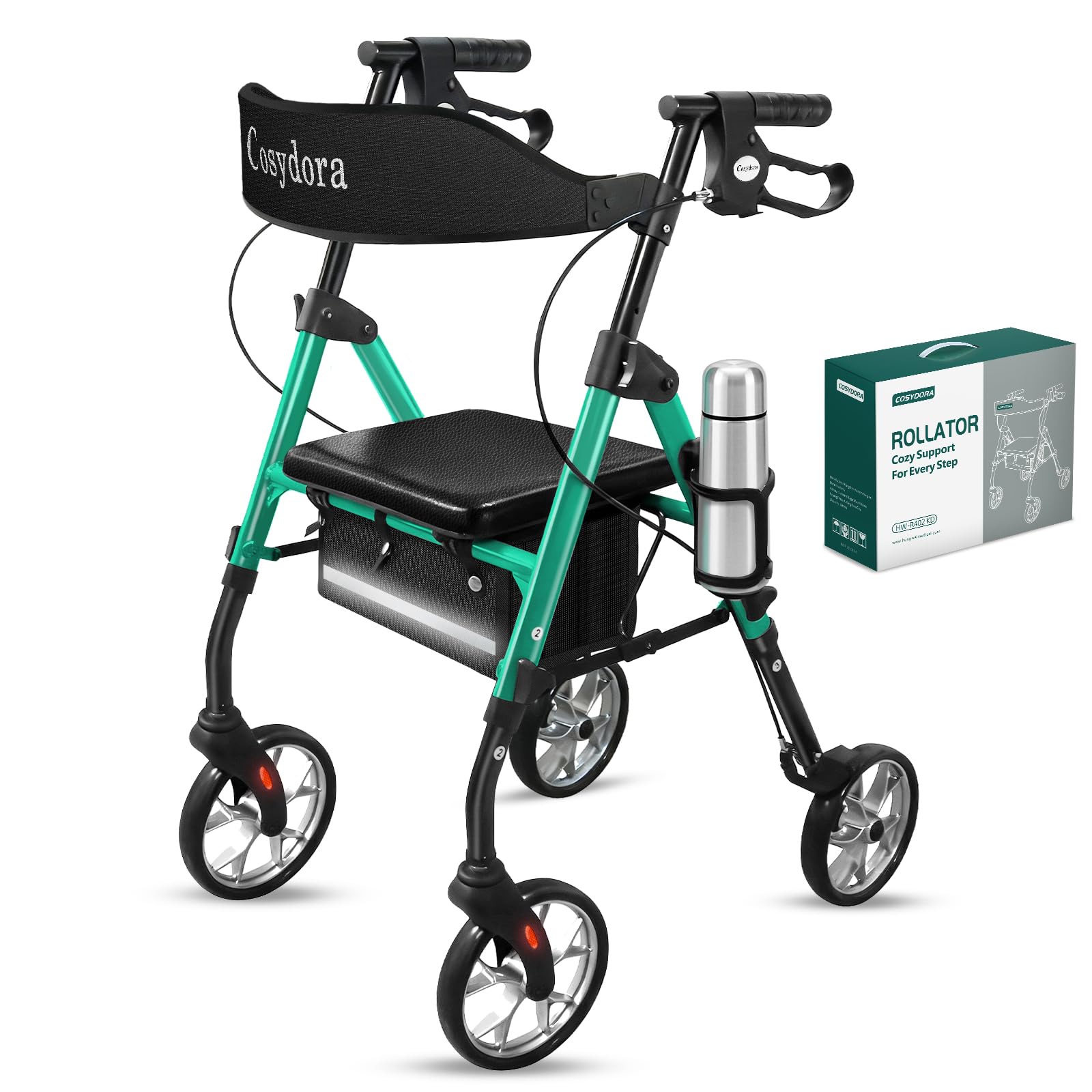 Cosydora rollator visto de frente en embalaje, facilidad de transporte