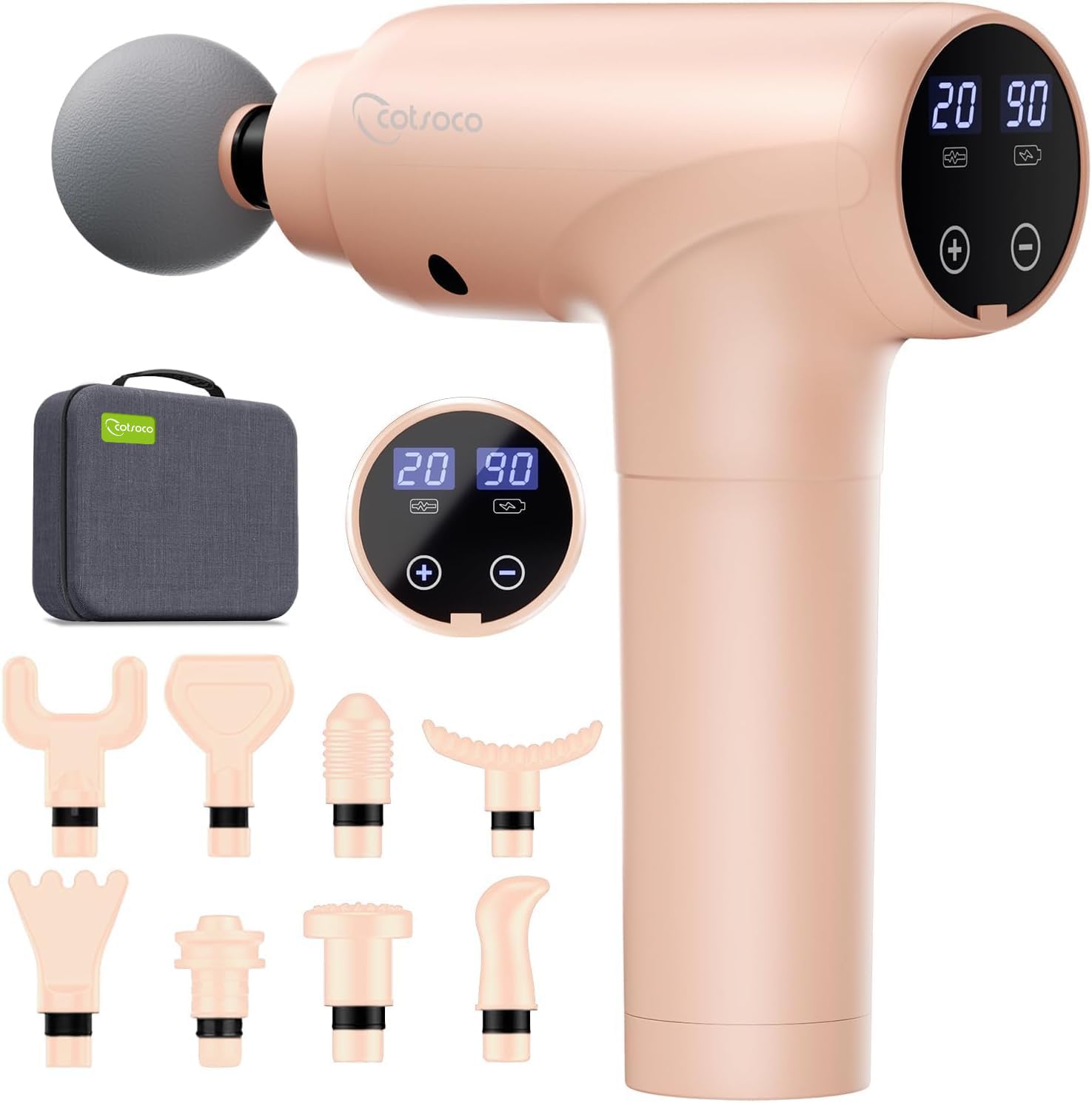 cotsoco vista frontal del masajeador rosa, ergonomía y control fácil