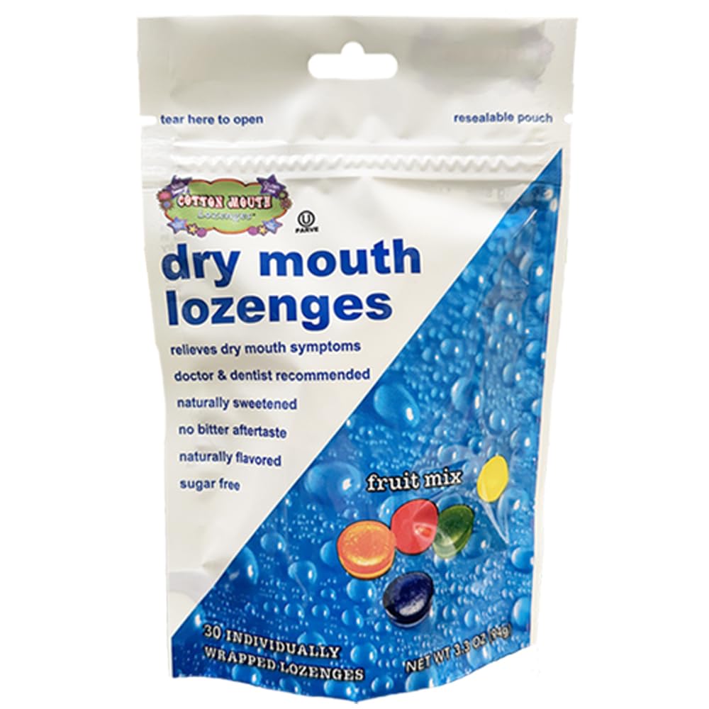 Cotton Mouth Lozenges empaque frontal mostrando tamaño y beneficio portátil