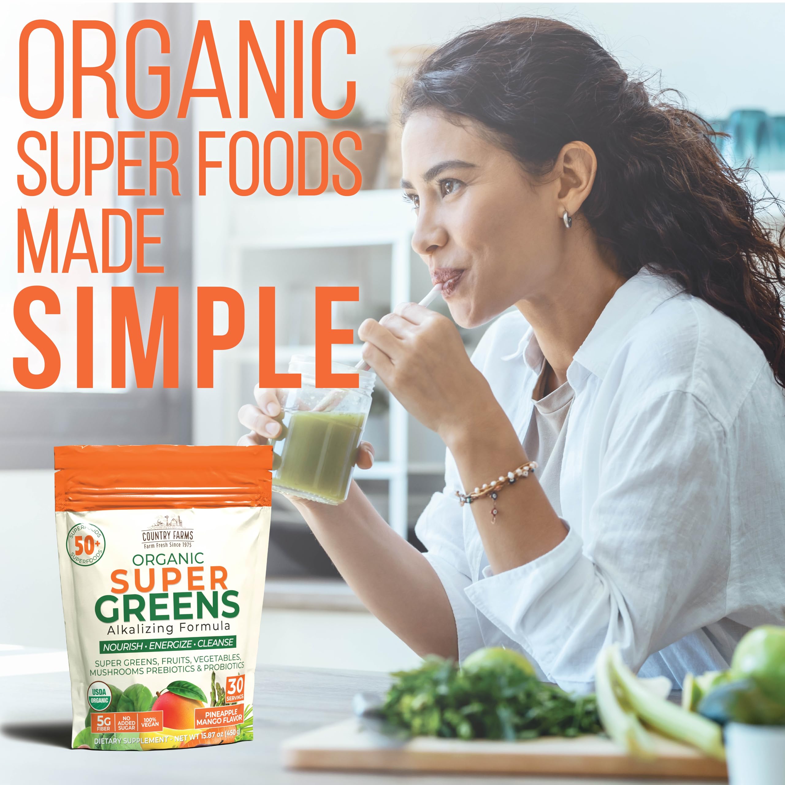 Country Farms etiqueta con lista de 50 ingredientes orgánicos detallada