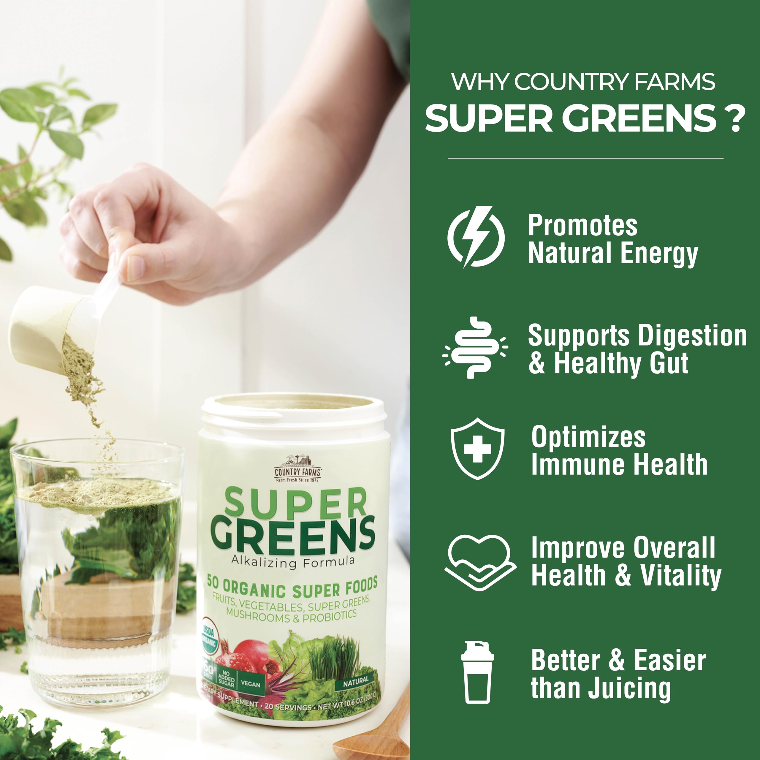 Country Farms detalle de la etiqueta con lista de 50 superalimentos y certificación
