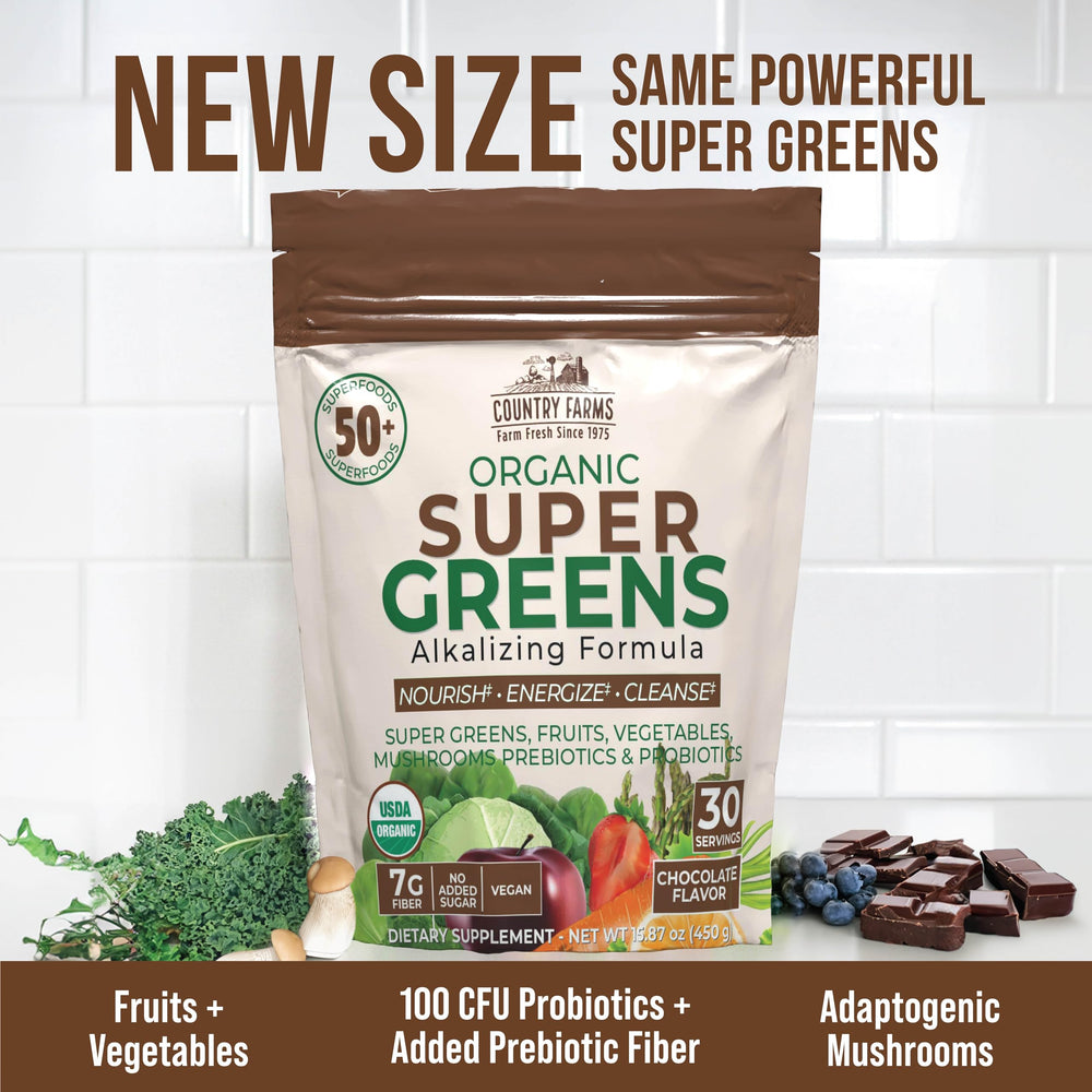 Country Farms ingredientes naturales como spirulina, chlorella y hongos visibles
