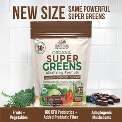 Country Farms ingredientes naturales como spirulina, chlorella y hongos visibles