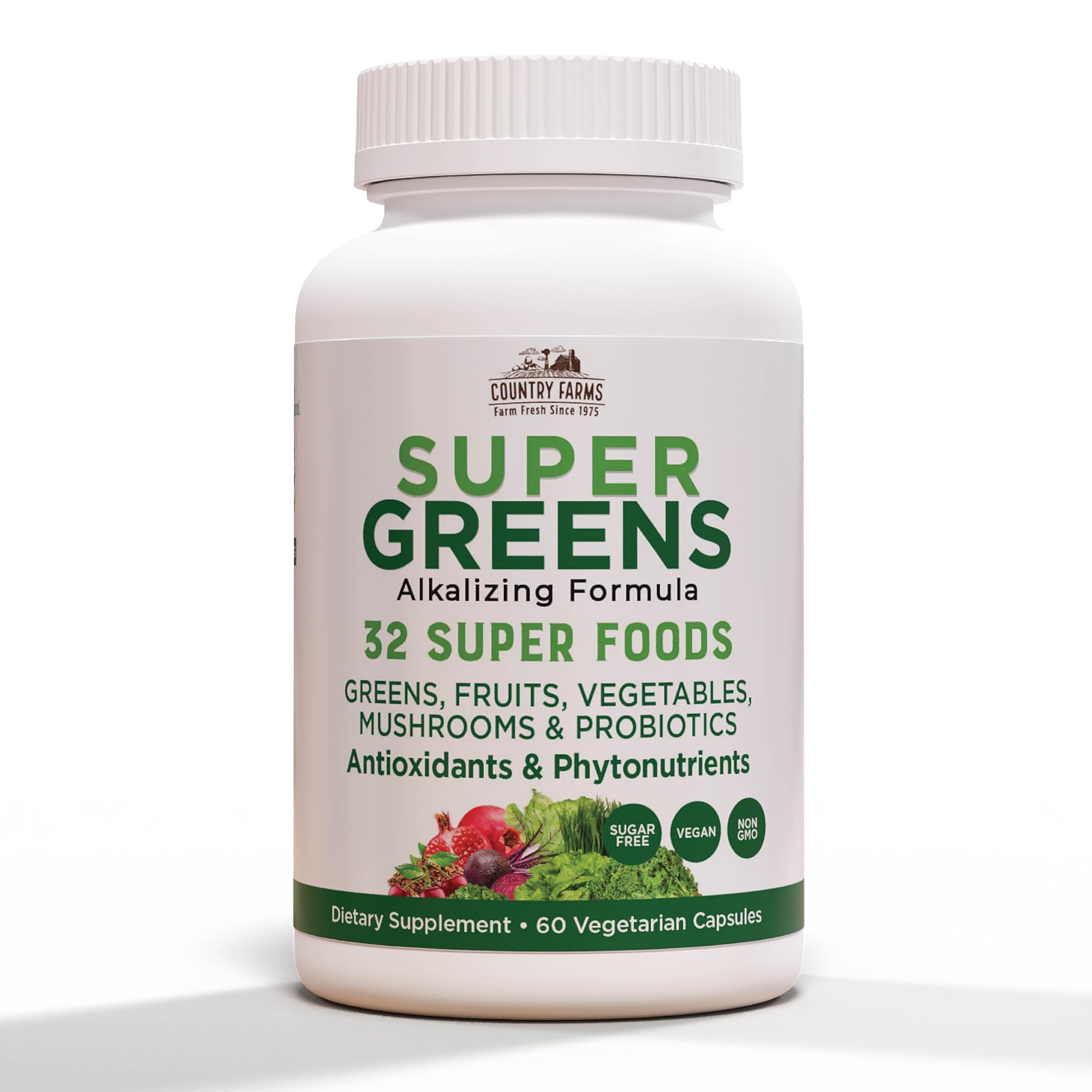 Country Farms envase frontal mostrando Super Greens Vegicaps y claridad de uso