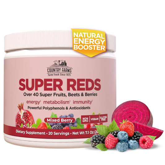 Country Farms envase frontal mostrando sabor mixed berry y beneficios antioxidantes