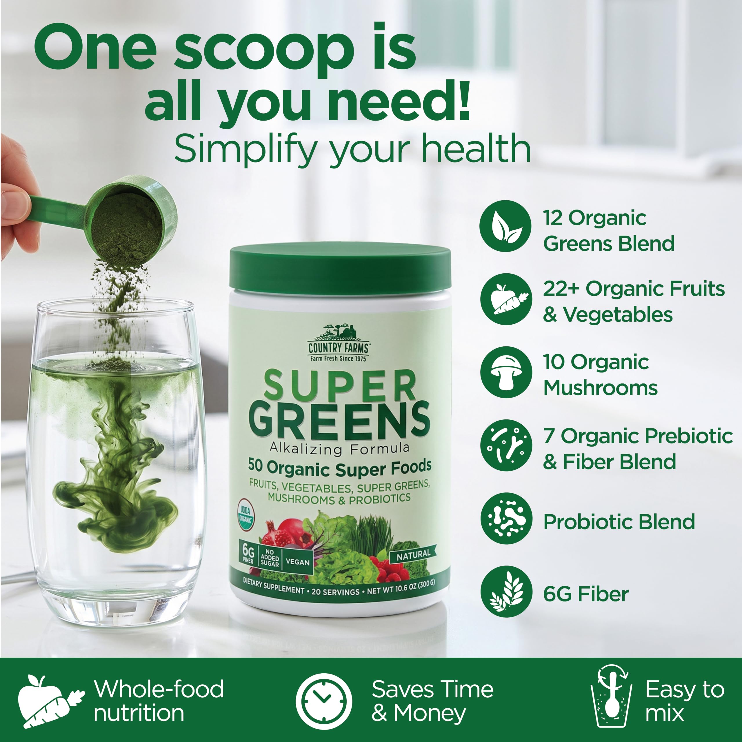 Country Farms vaso con bebida verde preparada, aporte nutritivo inmediato
