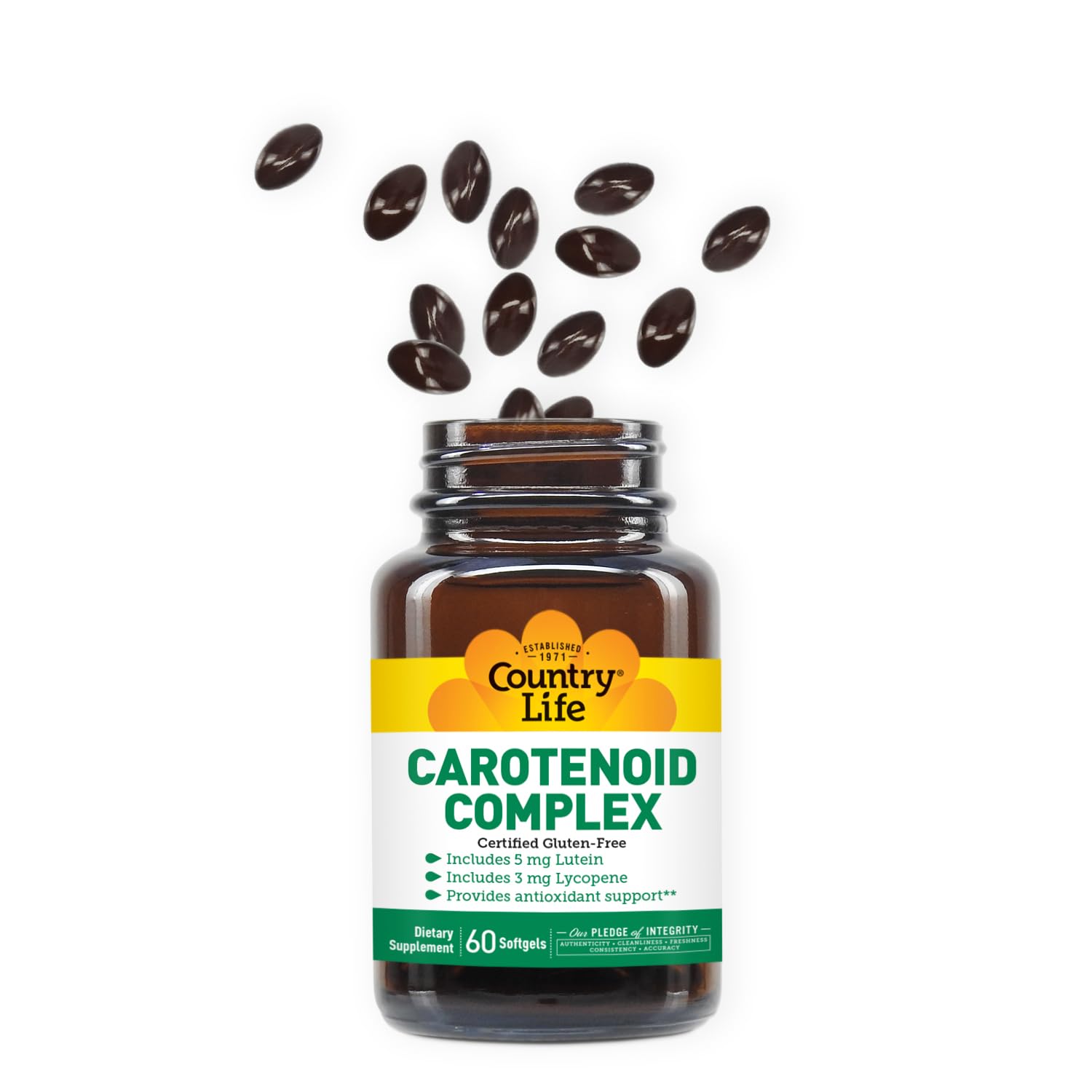 Country Life gotas de aceite y superficie brillante destacando ingredientes