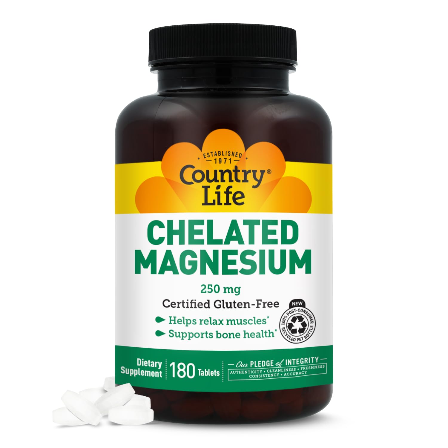 Country Life Chelated Magnesium 250mg bottle front view supports heart and muscle health
