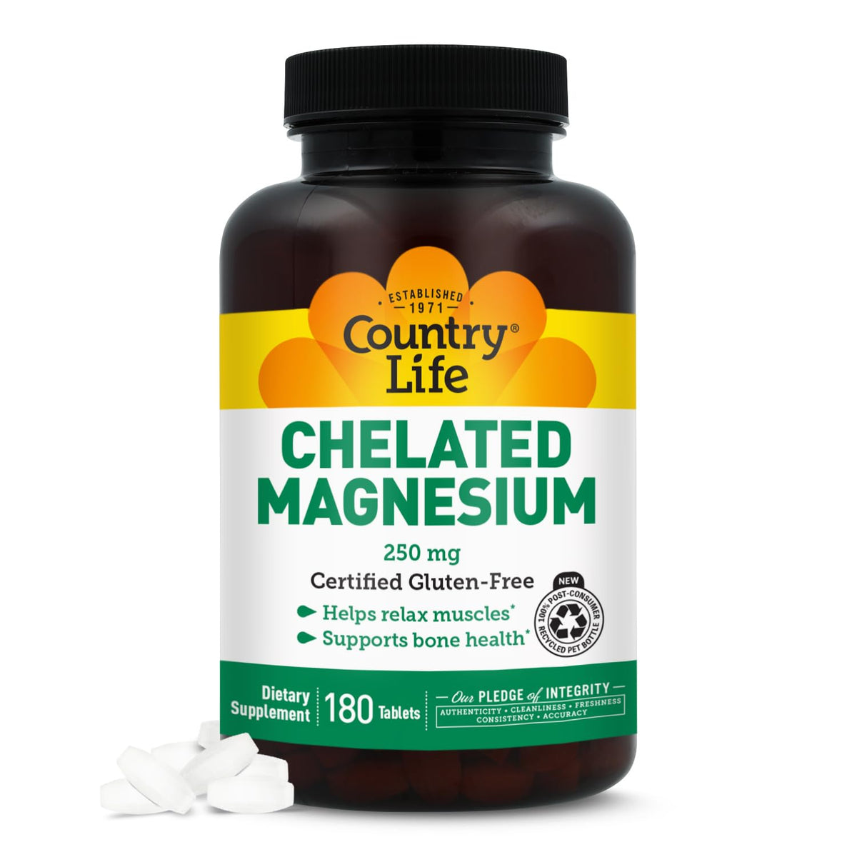 Country Life Chelated Magnesium 250mg bottle front view supports heart and muscle health