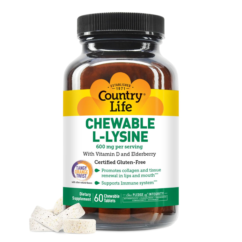 Country Life L-Lysine chewable bottle highlighting immune support.