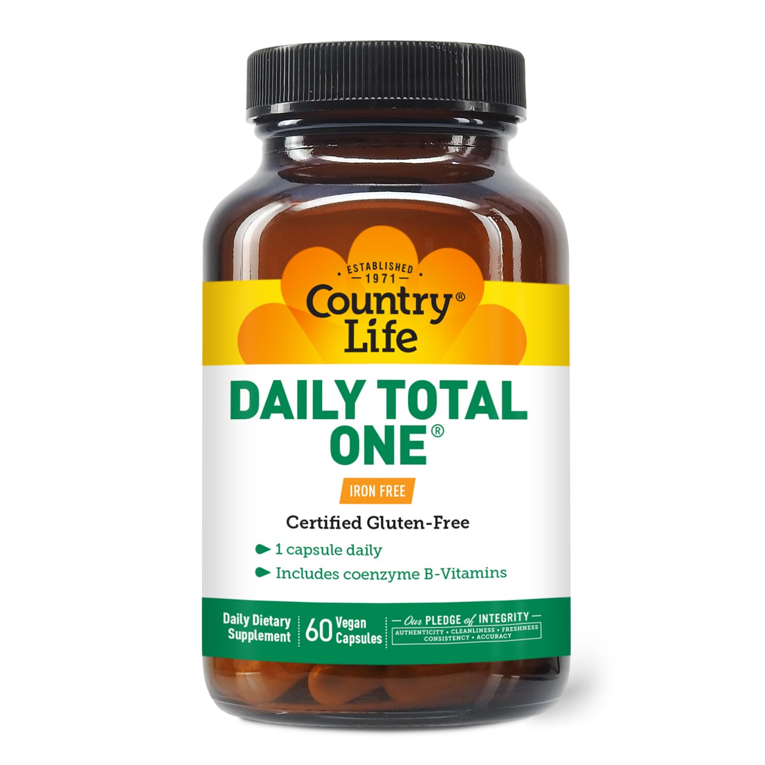 Etiqueta nutricional de Country Life Daily Total One en primer plano, lectura clara