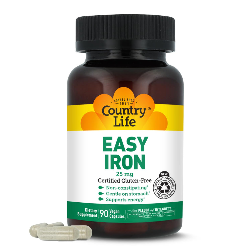 Country Life frasco Easy Iron 25 mg vista frontal, envase claro y beneficios visibles