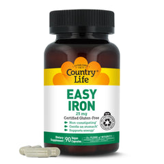 Country Life frasco Easy Iron 25 mg vista frontal, envase claro y beneficios visibles