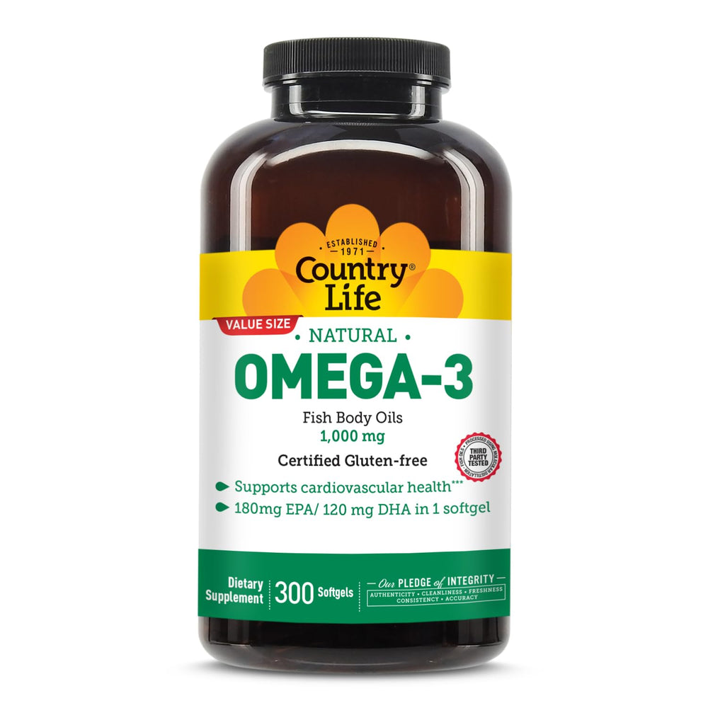 Country Life frasco frontal mostrando 300 softgels y beneficios de conveniencia