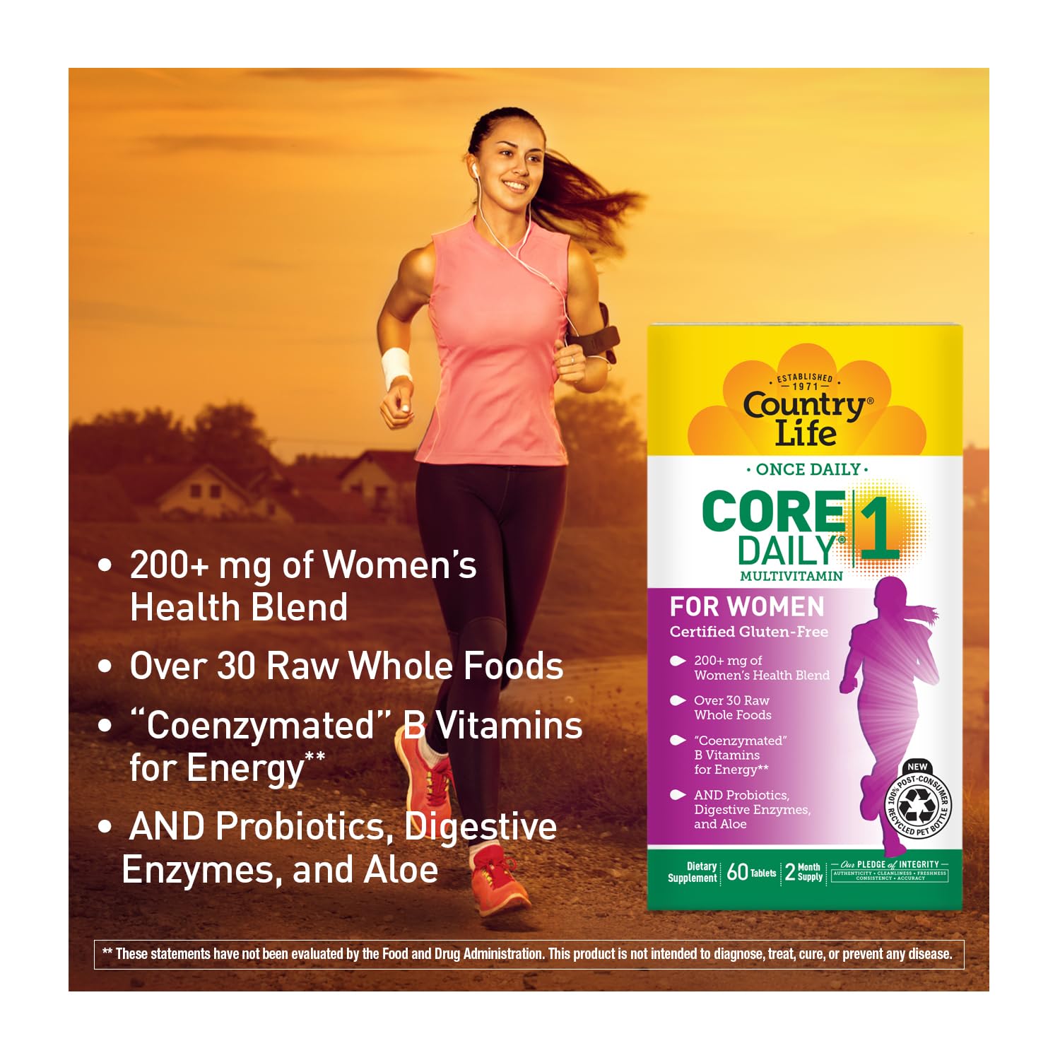 Country Life primer plano de ingredientes whole foods incluidos, apoyo nutricional