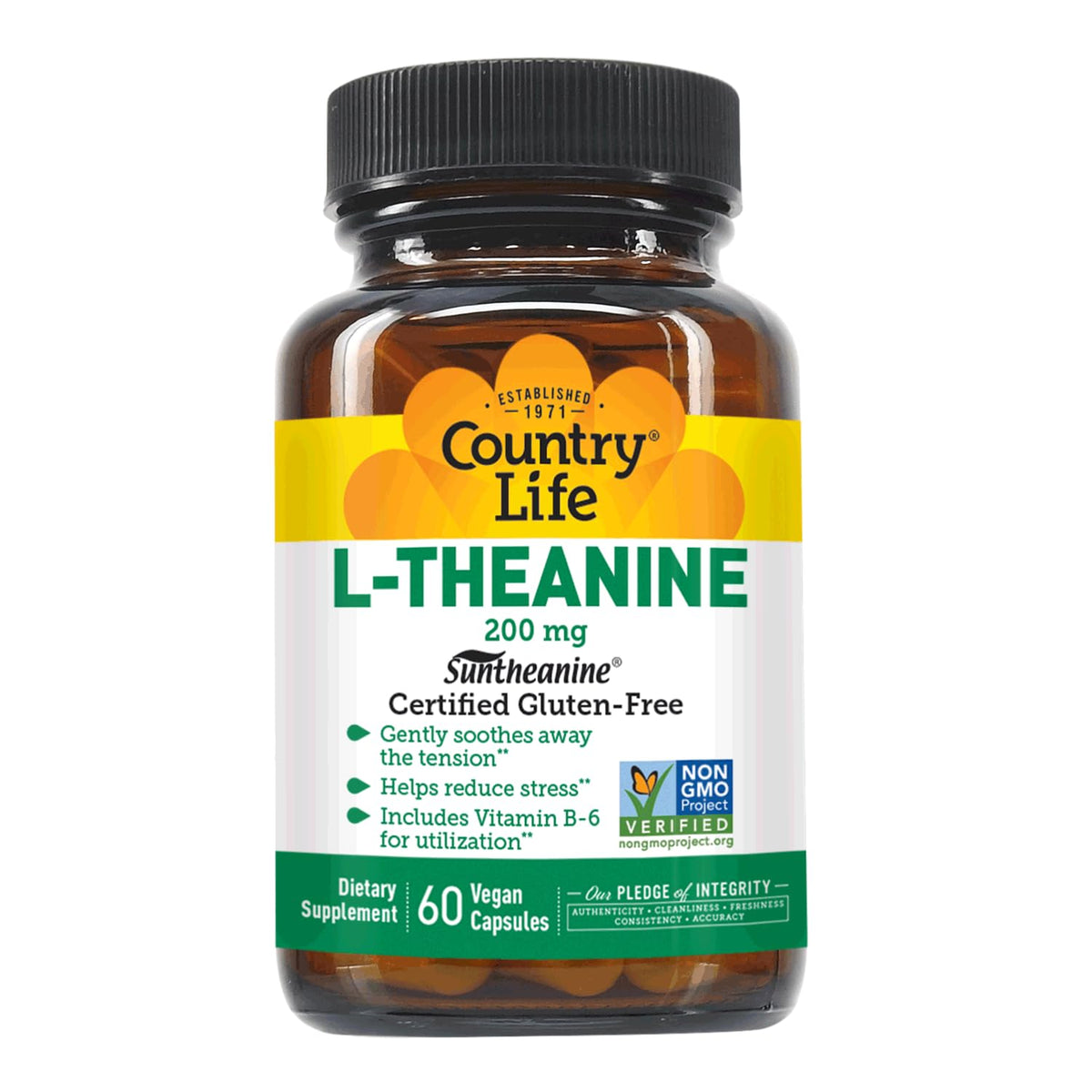 Country Life frasco frontal mostrando etiqueta y 60 cápsulas, transparencia del producto y beneficio vegano