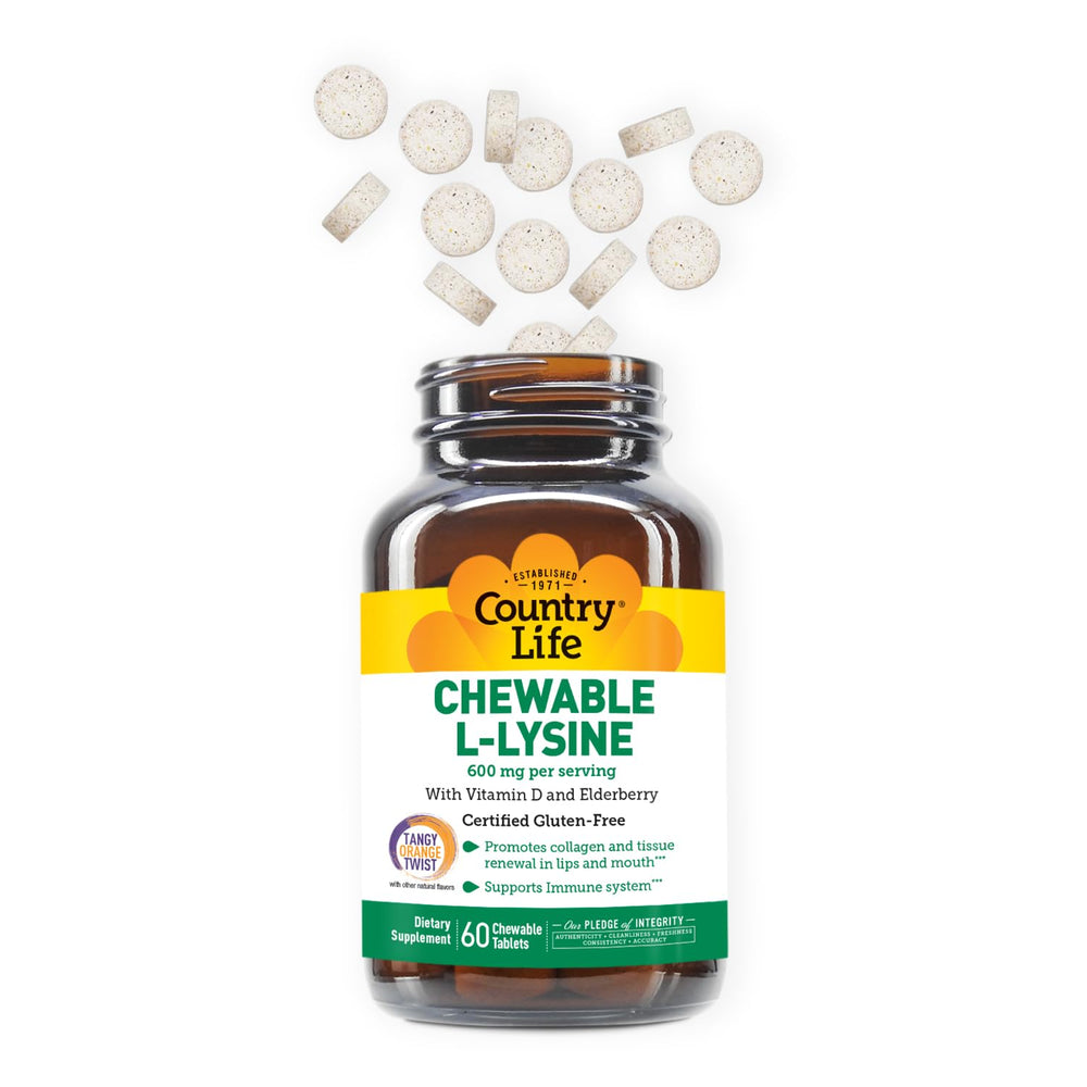 Country Life L-Lysine chewables closeup showing texture and flavor.