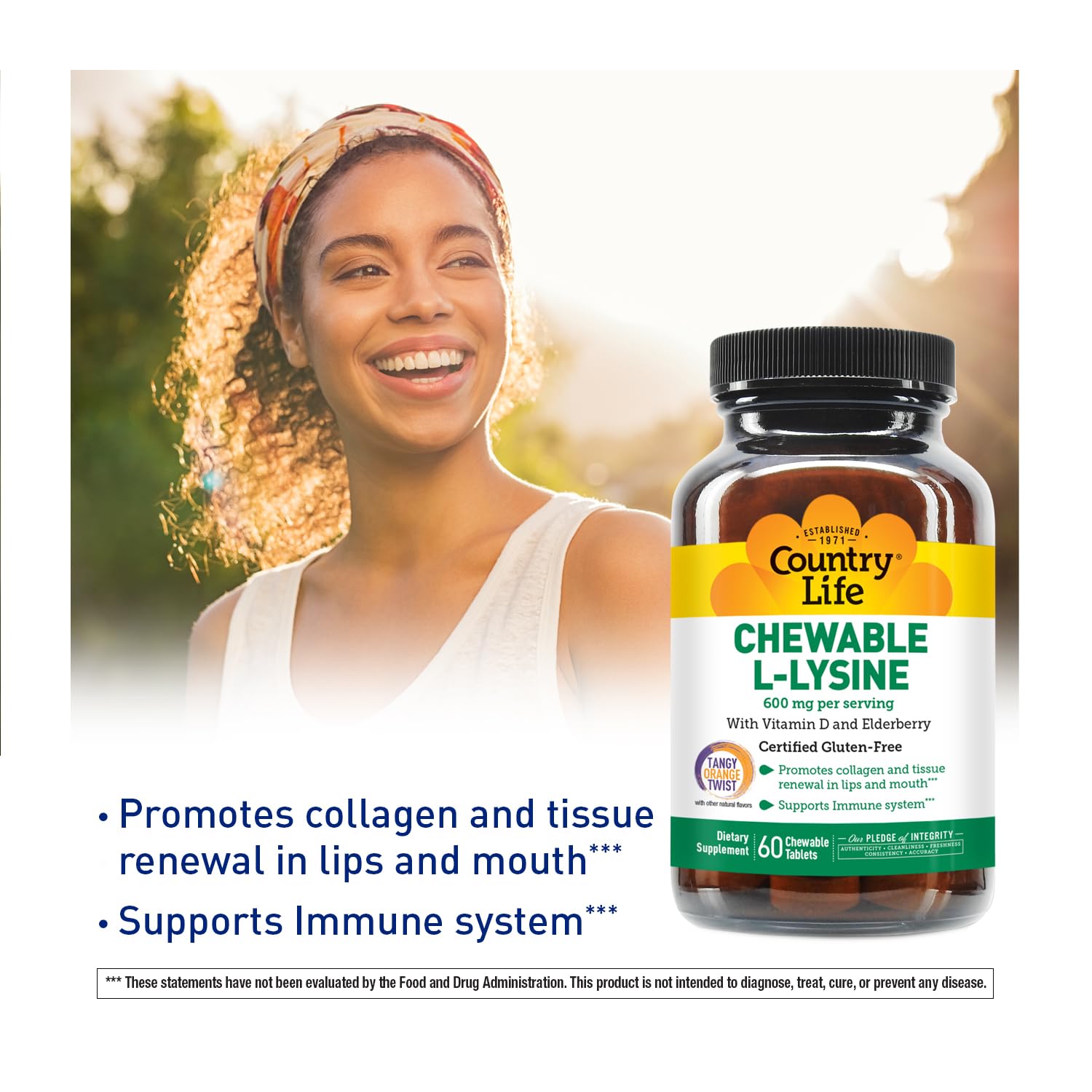 Country Life L-Lysine with elderberry and vitamin D ingredients detail.