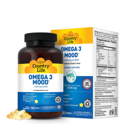 Country Life envase frontal mostrando 180 softgels y beneficios claros