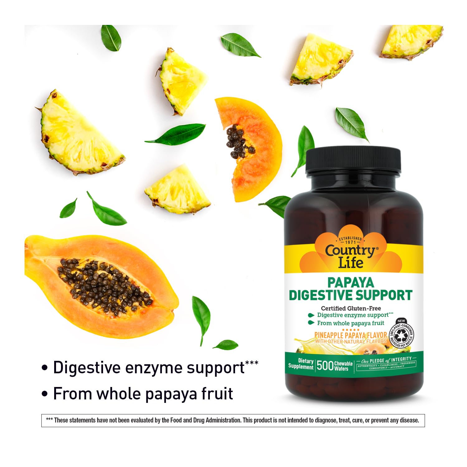 Country Life textura de wafer masticable destacando ingrediente papaya