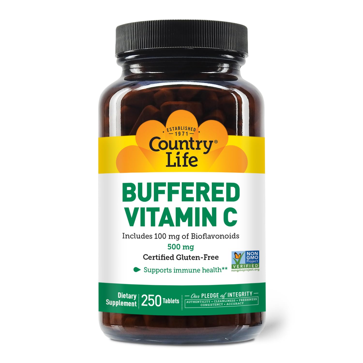 Country Life envase frontal de Vitamina C Buffered 500 mg, presentación clara y limpia