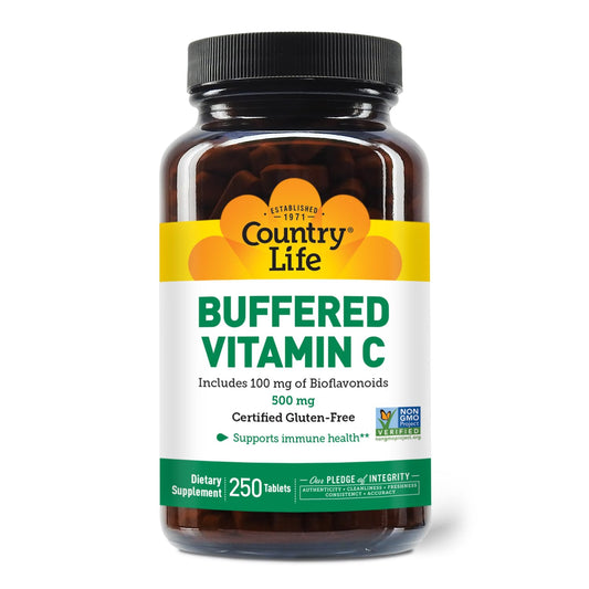 Country Life envase frontal de Vitamina C Buffered 500 mg, presentación clara y limpia