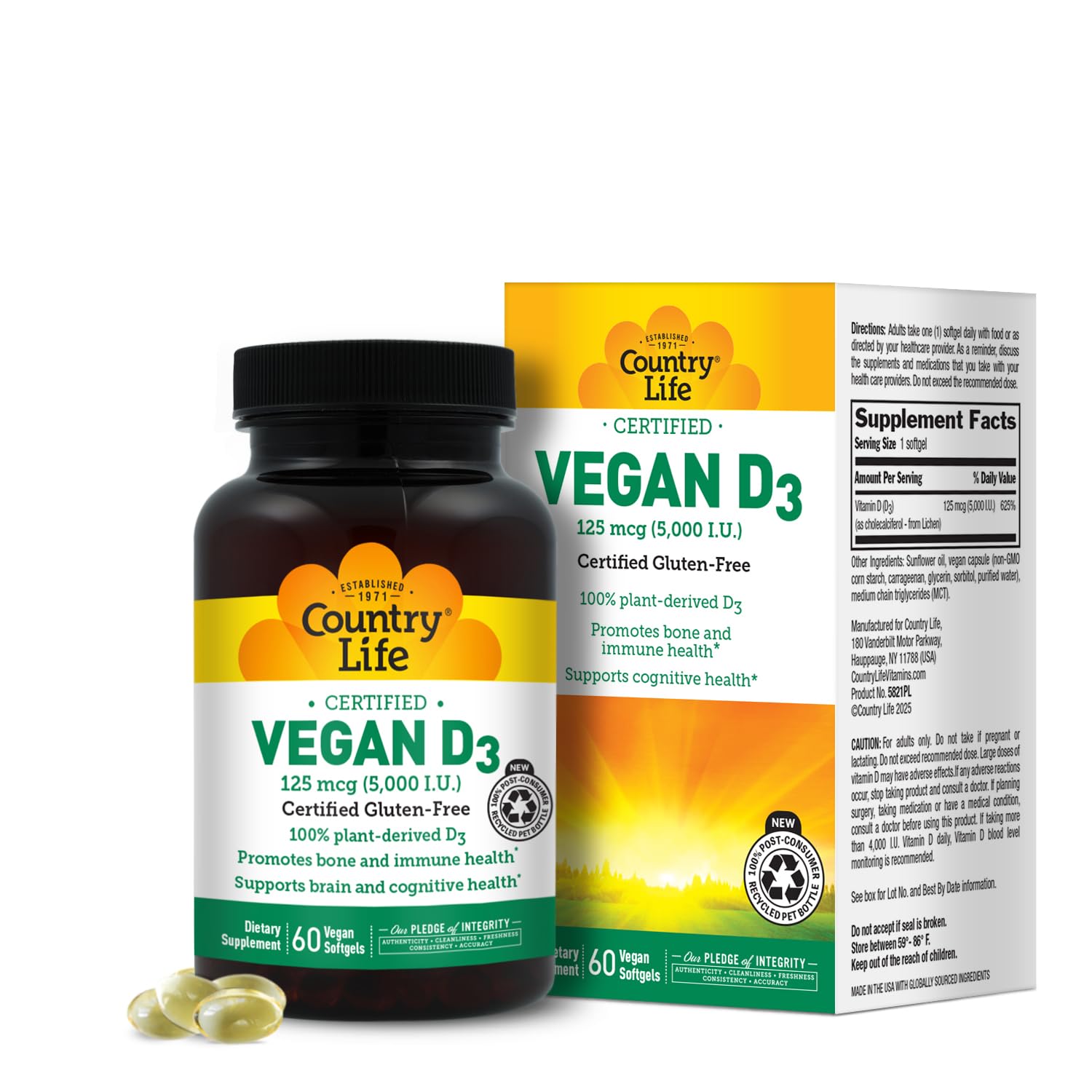 Country Life frasco frontal mostrando 60 softgels y claridad de dosis