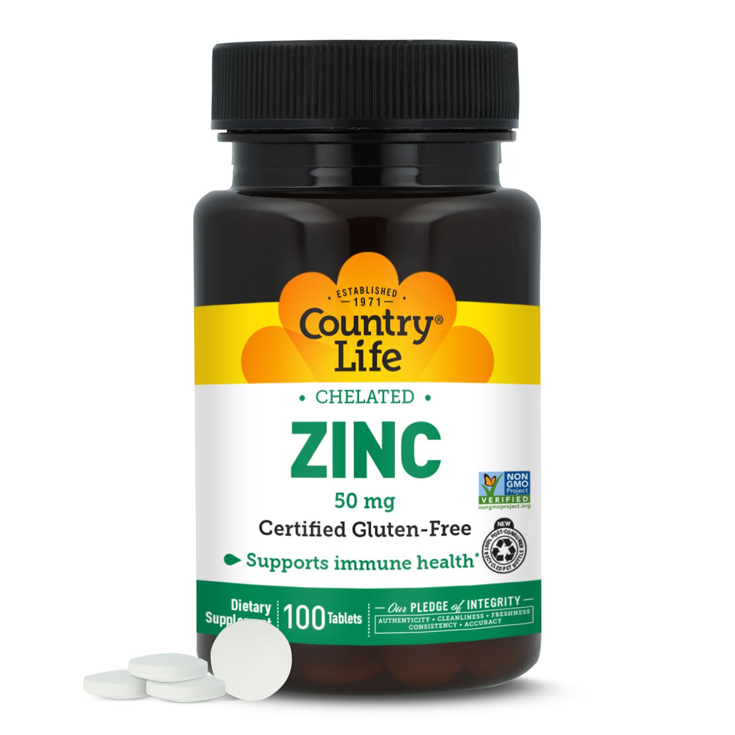 Country Life envase frontal del zinc quelado 50 mg, presentación clara y certificada