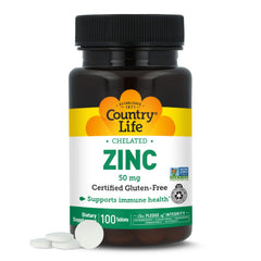 Country Life envase frontal del zinc quelado 50 mg, presentación clara y certificada