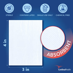 Covidien Telfa 7643 varios apósitos apilados para comparar tamaño y escala