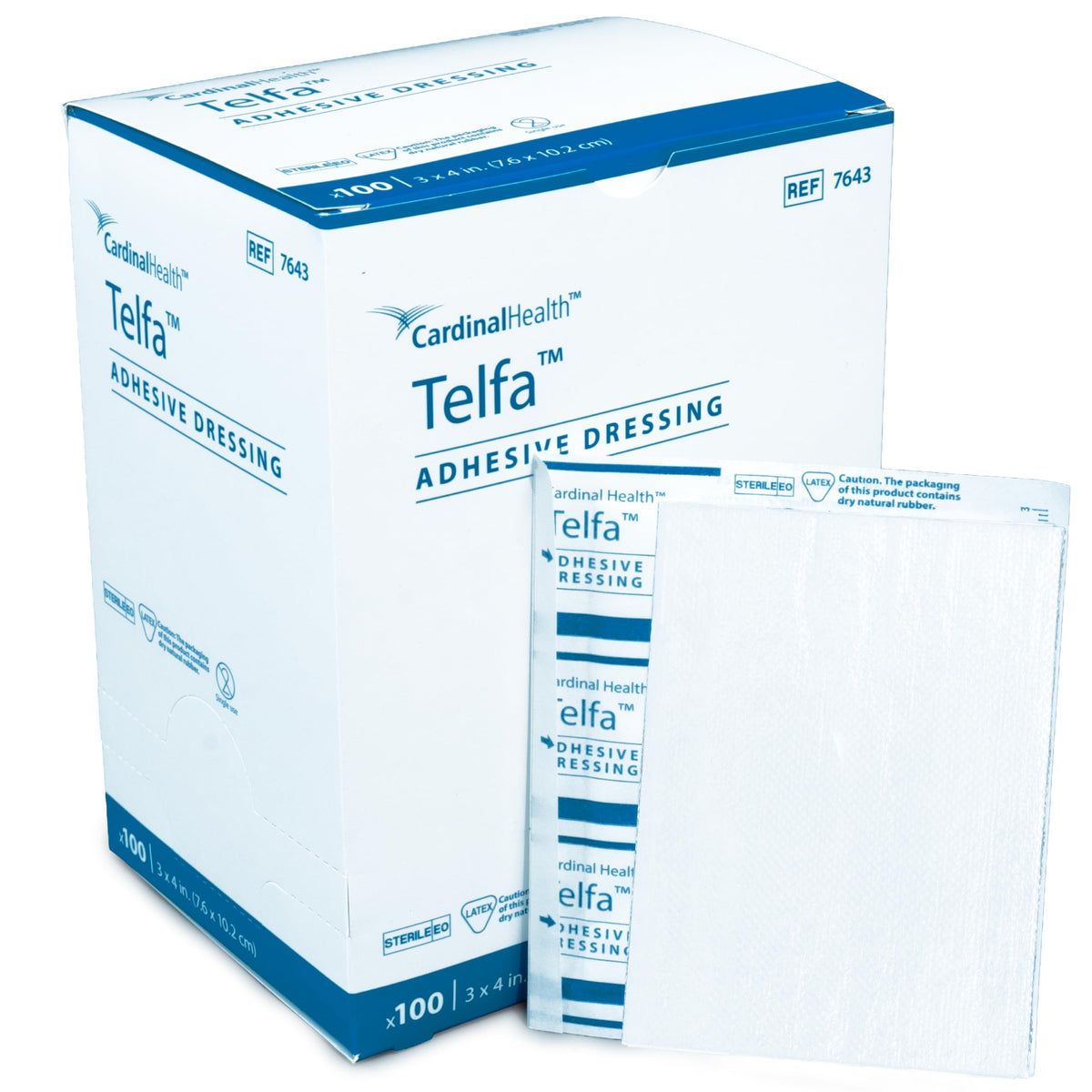 Covidien Telfa 7643 empaque frontal mostrando pack de 100, fácil almacenamiento