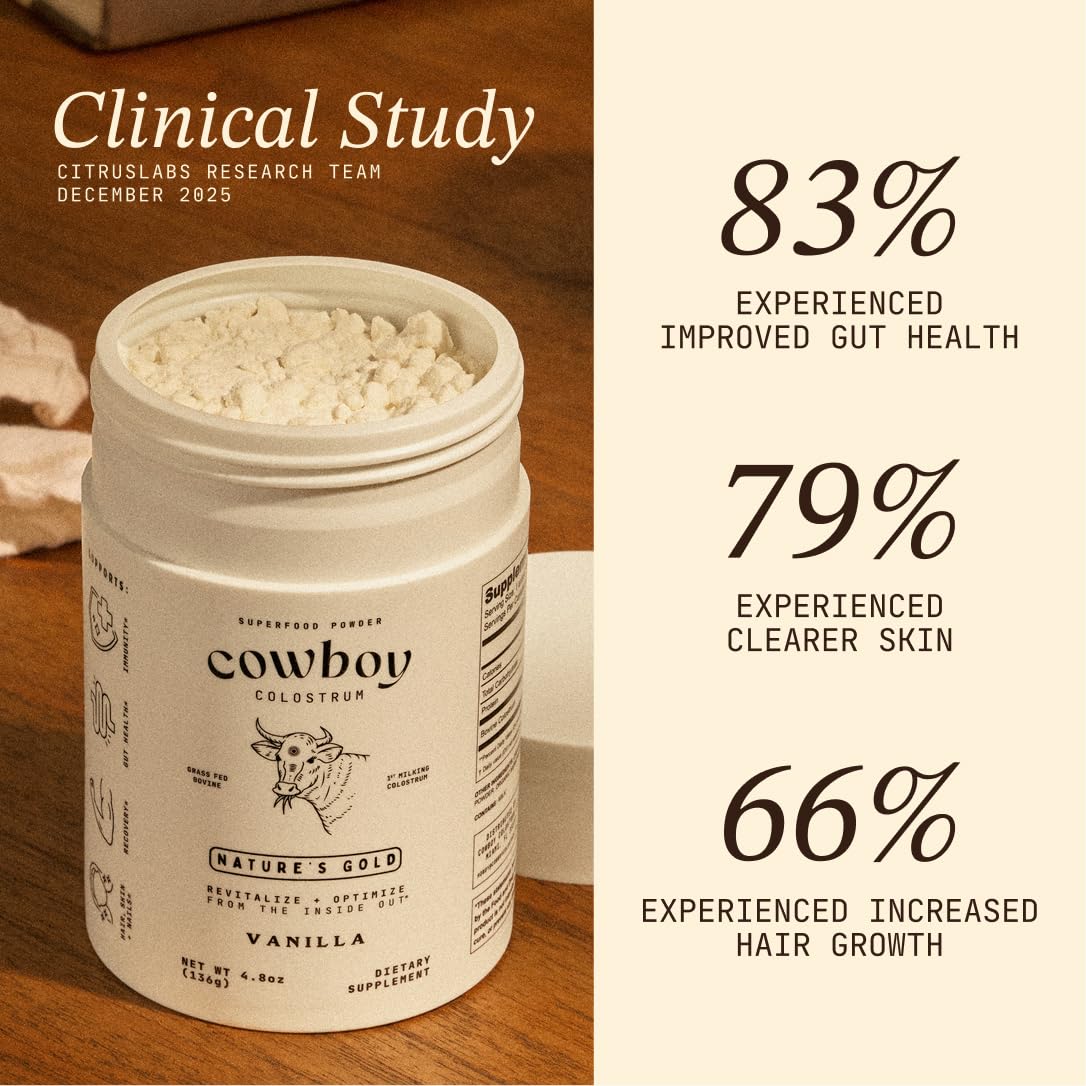 Cowboy Colostrum comparación de tamaño con cuchara y paquete práctico