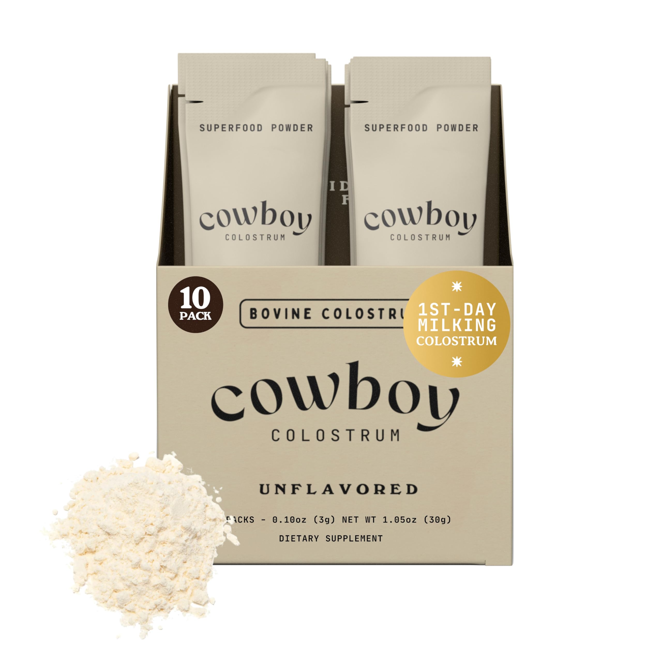 COWBOY COLOSTRUM envase frontal mostrando presentación y viaje