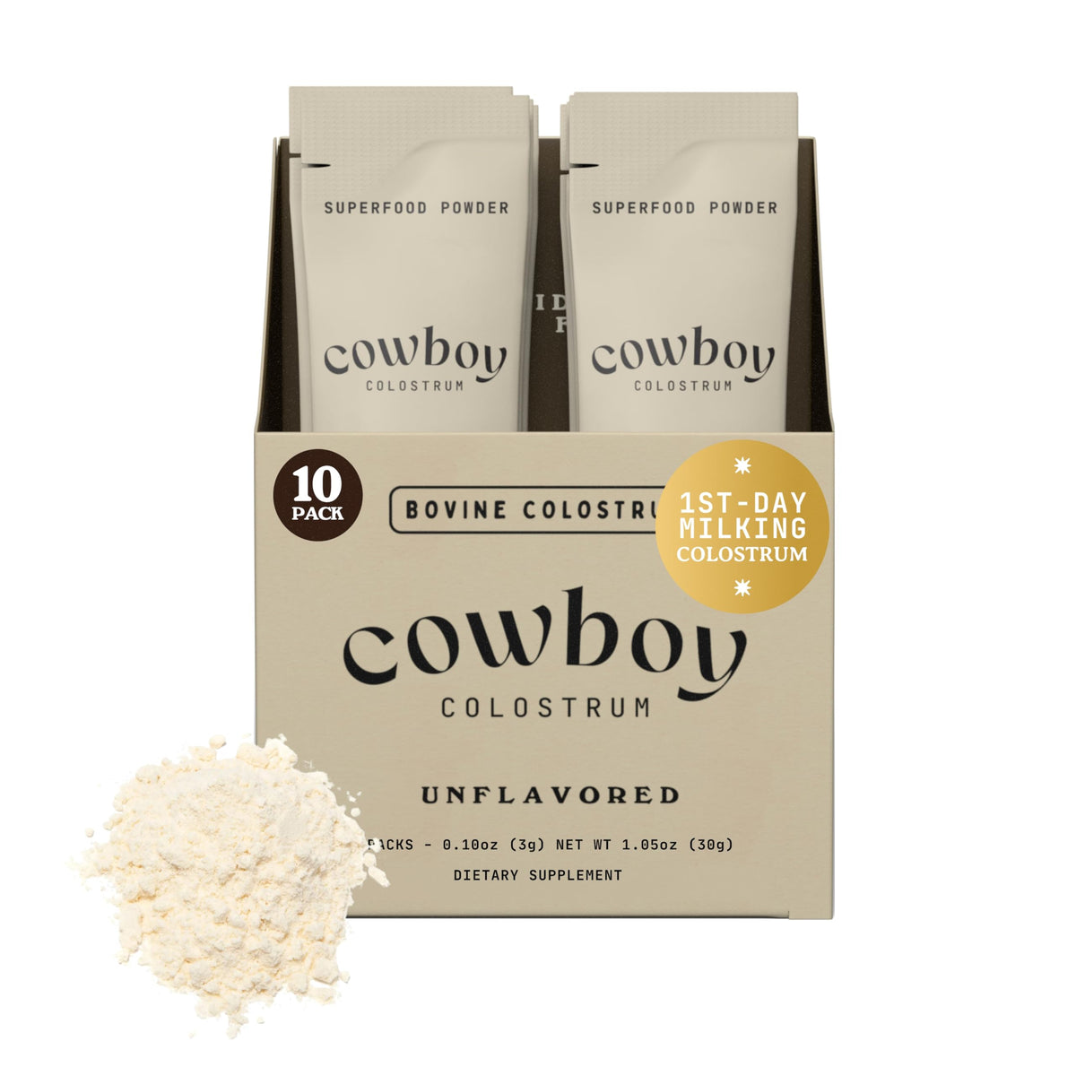 COWBOY COLOSTRUM envase frontal mostrando presentación y viaje