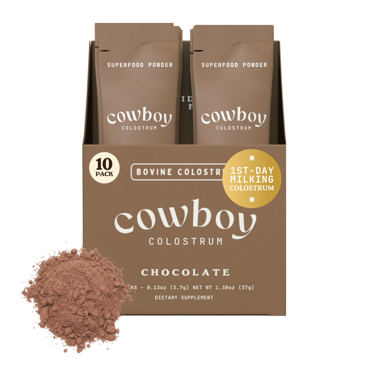 Cowboy Colostrum frente del empaque mostrando sobres y beneficio práctico