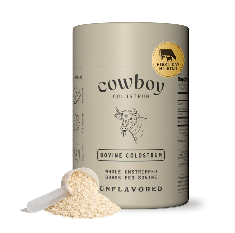 COWBOY COLOSTRUM envase frontal mostrando pureza y 40 servicios