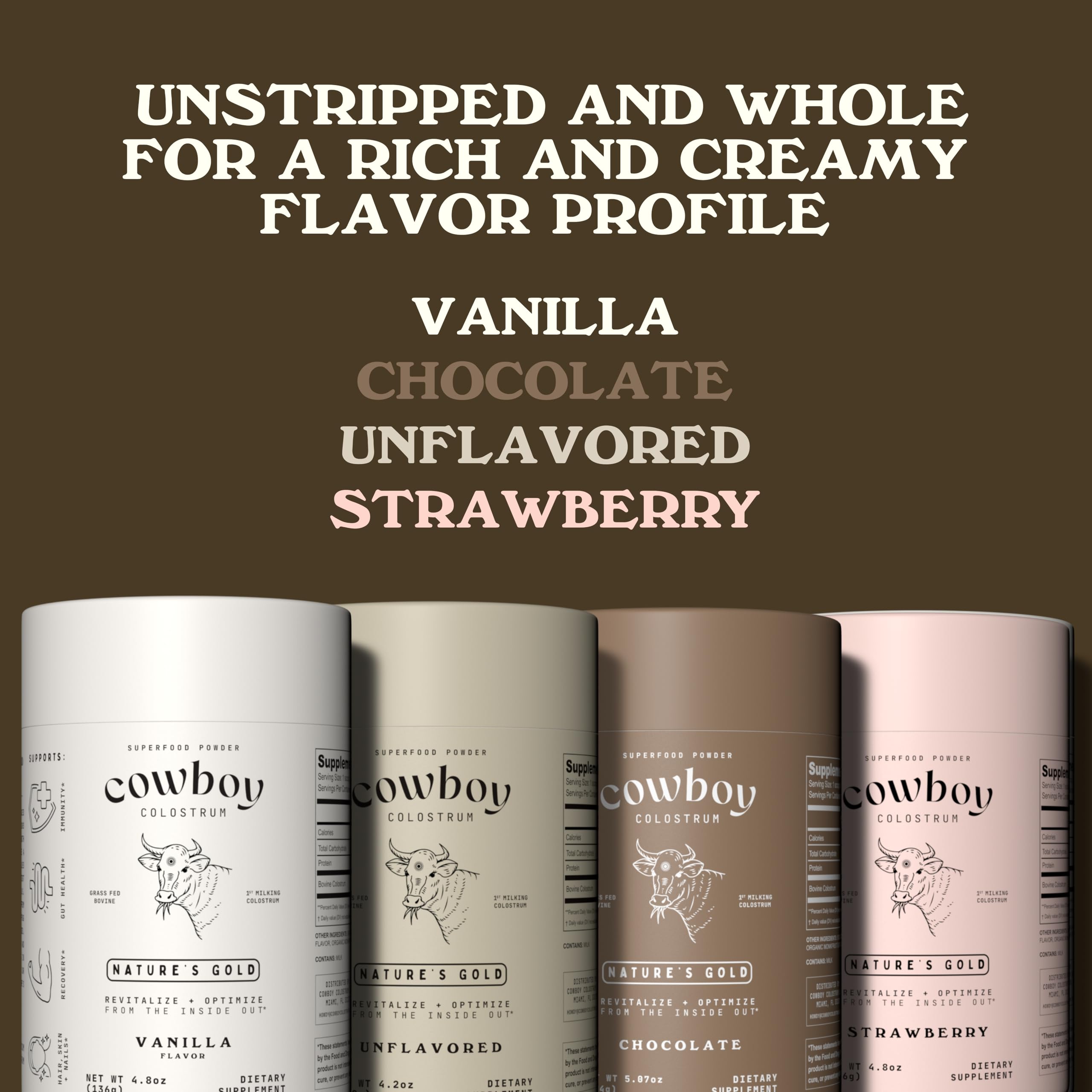 COWBOY COLOSTRUM fresas e ingredientes naturales que sugieren sabor real
