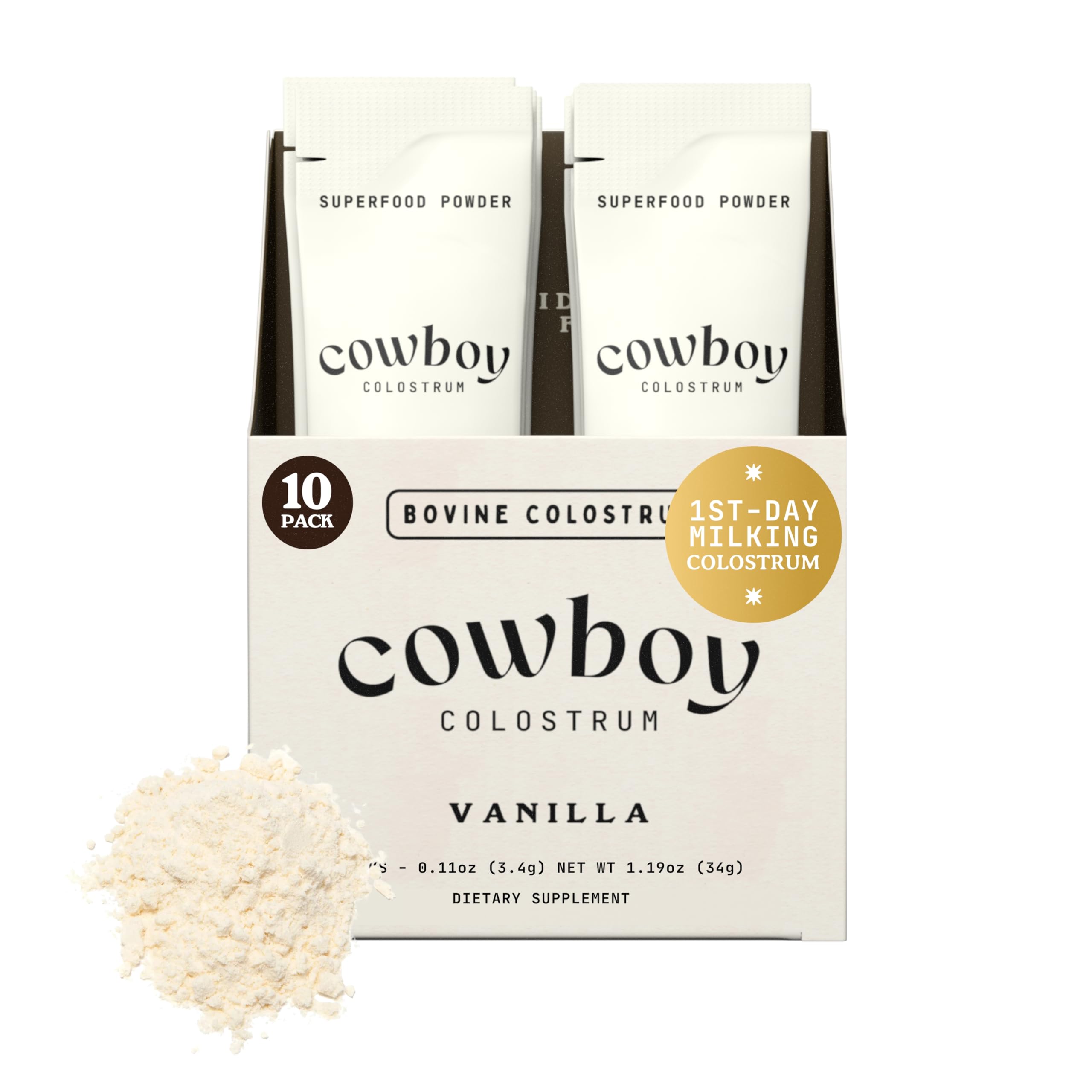 Cowboy Colostrum envase frontal mostrando sobres y marca, conveniencia de viaje