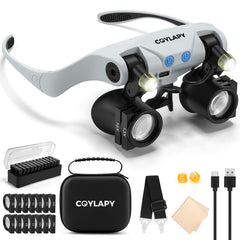 COYLAPY vista frontal del set de lupa de cabeza con luz, ideal para precisión