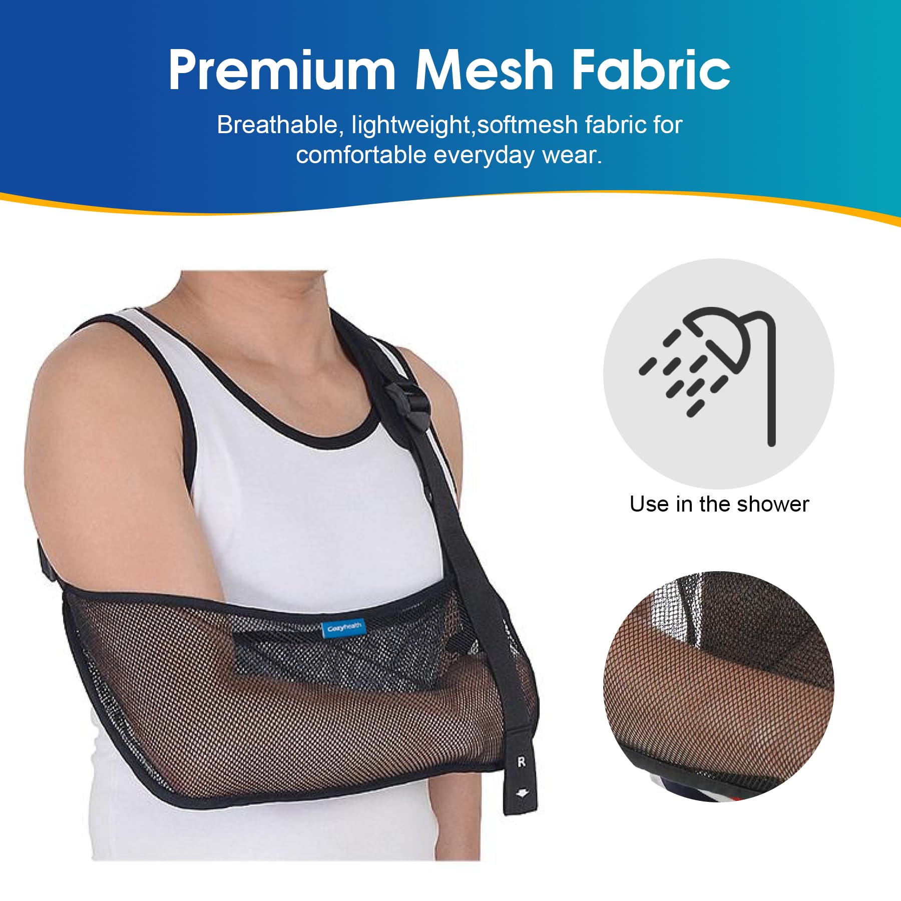 Cozyhealth hombre usando el cabestrillo para inmovilizar hombro, comodidad y soporte