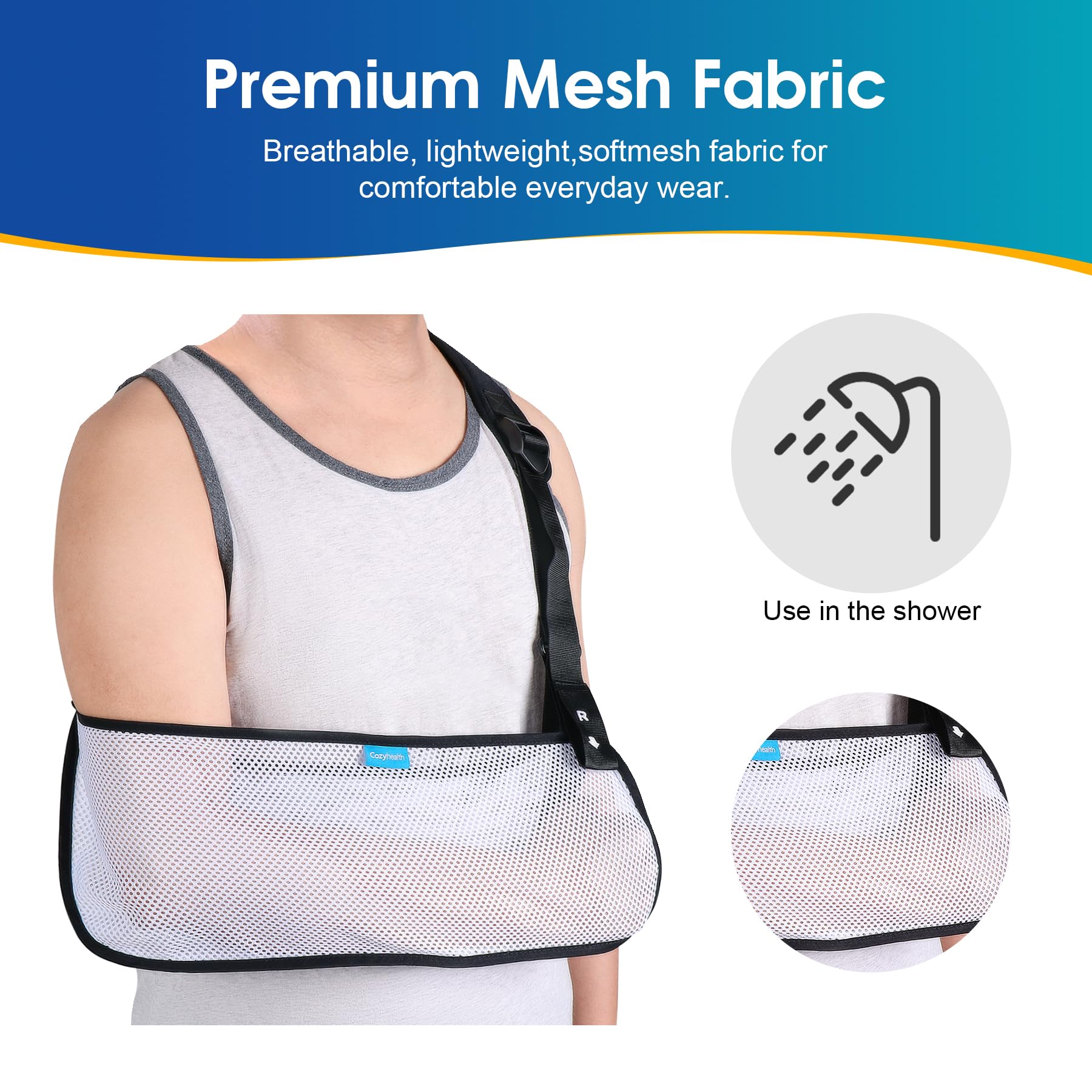 Cozyhealth modelo femenino usando cabestrillo izquierdo para confort
