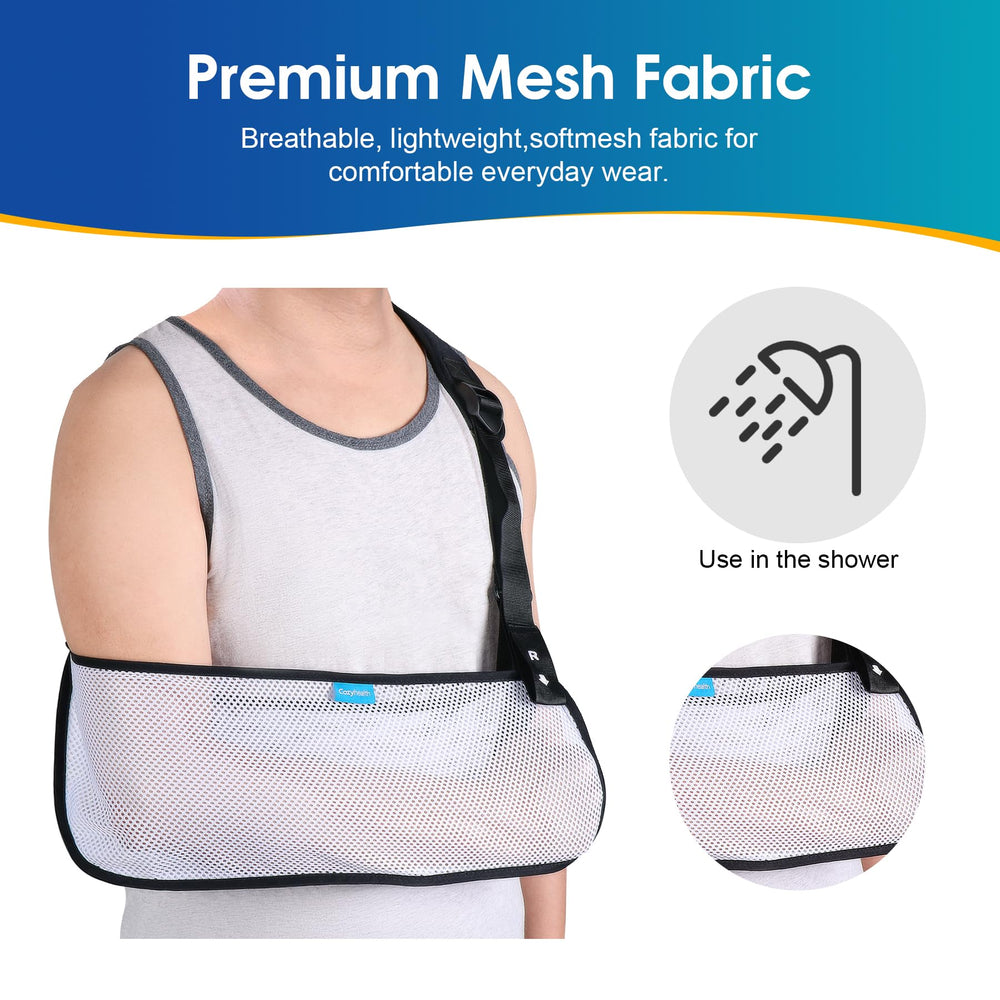 Cozyhealth modelo femenino usando cabestrillo izquierdo para confort