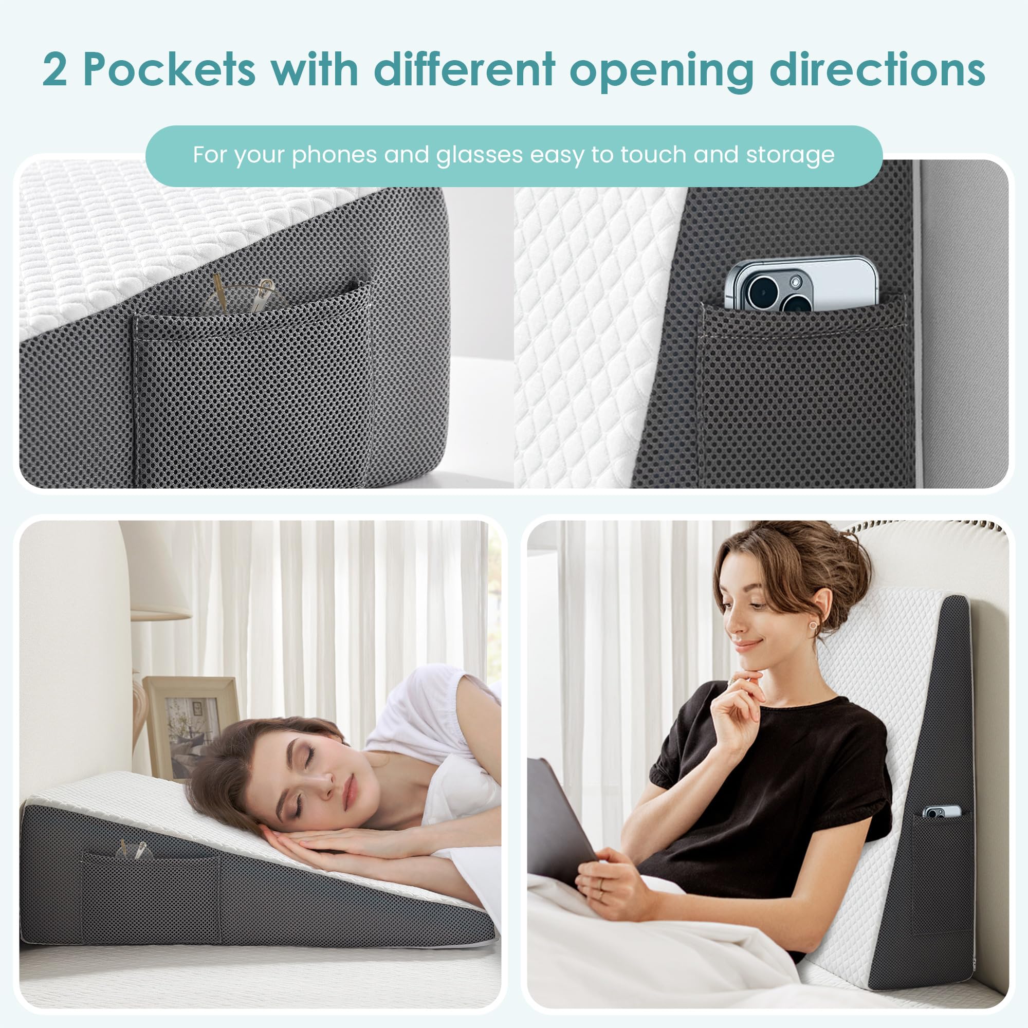 Cozymaker persona leyendo en cama apoyada en la cuña, postura cómoda