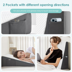 Cozymaker persona leyendo en cama apoyada en la cuña, postura cómoda